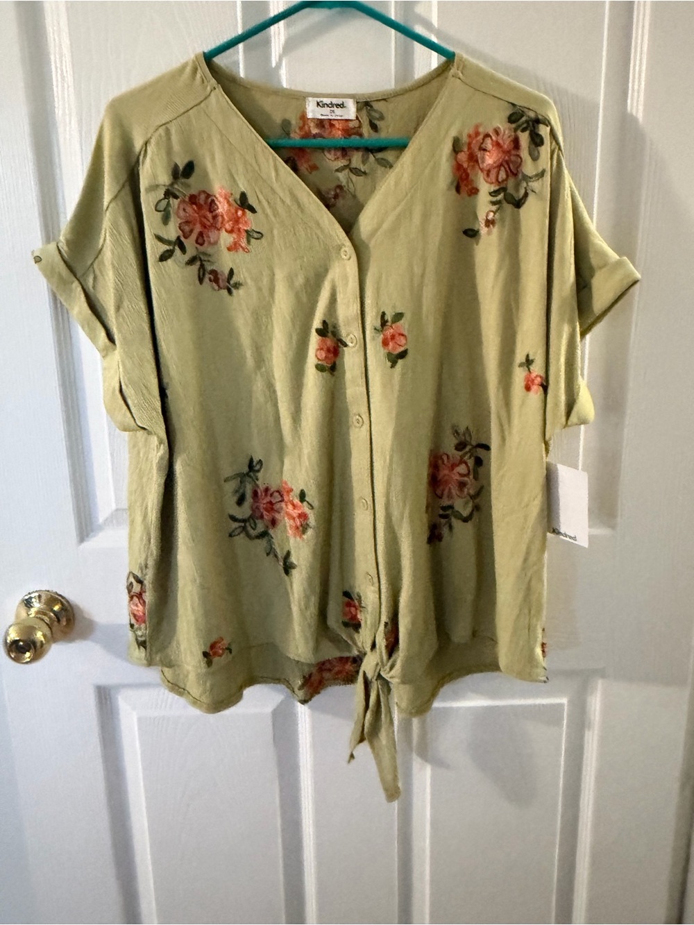Kindred Floral Tie-Front Button Down Top in Olive Green